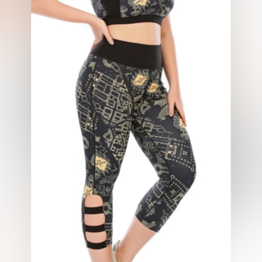 B-Fit Harry Potter Marauder's Map Black and Gold Patterned Leggings Sz 2XL